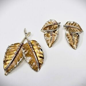 Vintage BSK Elegant Gold and Silver AB Rhinestone Leaf Jewelry Set